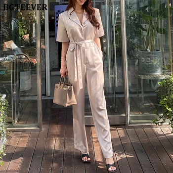 

BGTEEVER Elegant Notched Collar Short Sleeve Wide Leg Women Jumpsuit Romper Summer Slim Waist Sashes Female Overalls 2020