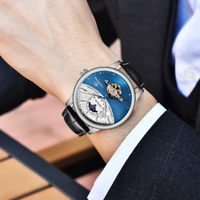 Forsining Moonphase автоматические механические часы мужские классические кожаные водонепроницаемые деловые повседневные часы Tourbillon Reloj Hombres