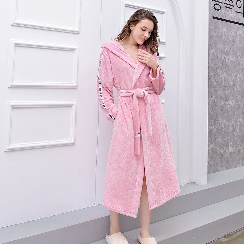 Hooded pink Lovers коралловый флисовый халат осень зима теплая Пижама для женщин и мужчин плотный халат для отдыха Ночная Рубашка домашняя одежда размер XL - Color: Hooded pink