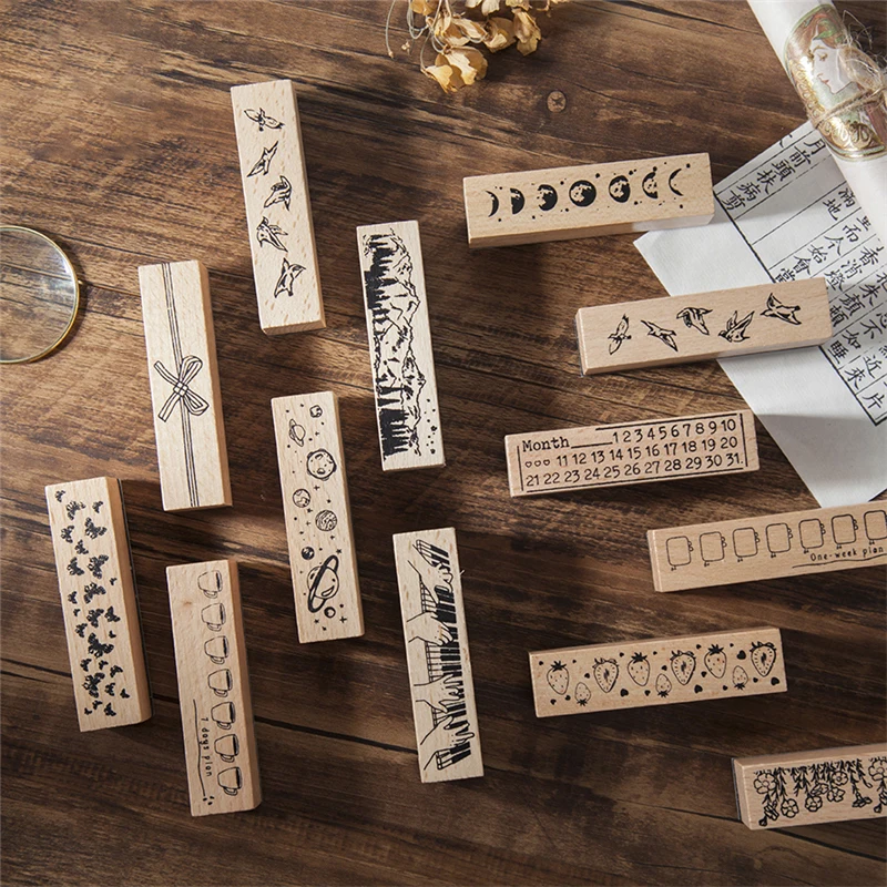 Journamm Moon Stamp Flower Vintage Wood Rubber Seals Stamps For Journaling Diy Deco for Scrapbooking Craft Stamps Bullet Journal afbeelding