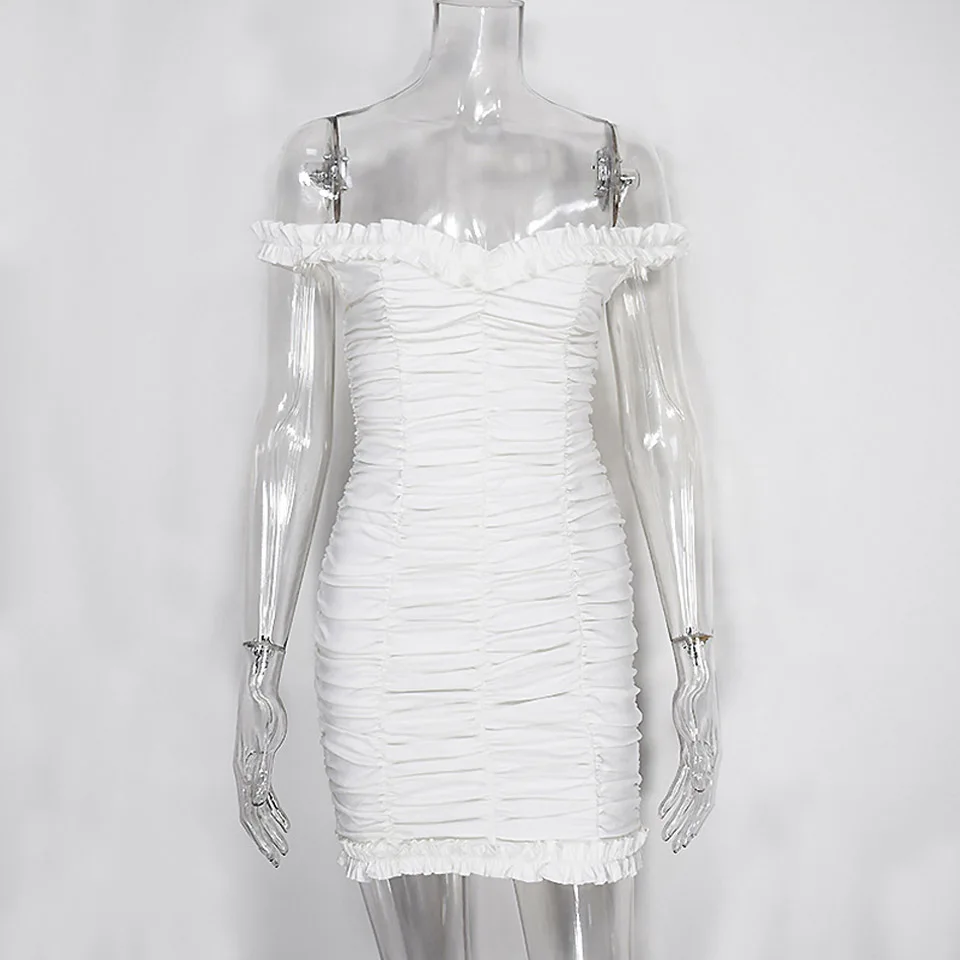 Karlofea, Женская милая одежда для вечеринки, мини-платье, шикарное, с открытыми плечами, с оборками, с рюшами, для отпуска, Vestidos, сексуальное, белое, Клубное, облегающее платье - Цвет: White