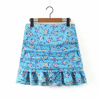 

New Women fashion floral print hem ruffles pleated skirt faldas mujer lady back zipper vacation vestidos chic mini skirts QUN613