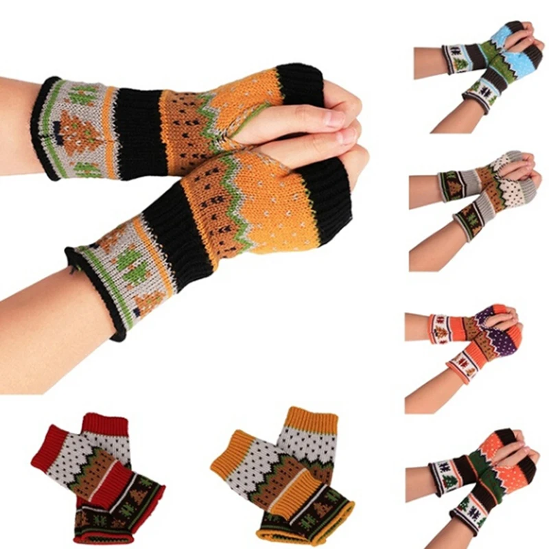 1pair Women Girl New Christmas Knitted Long Hand Gloves Women