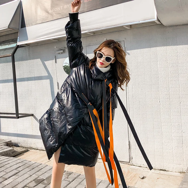 

2019 Winter New Style Korean-style Loose-Fit Slimming Mid-length Bright Surface Cotton Overcoat Women's Fashion
