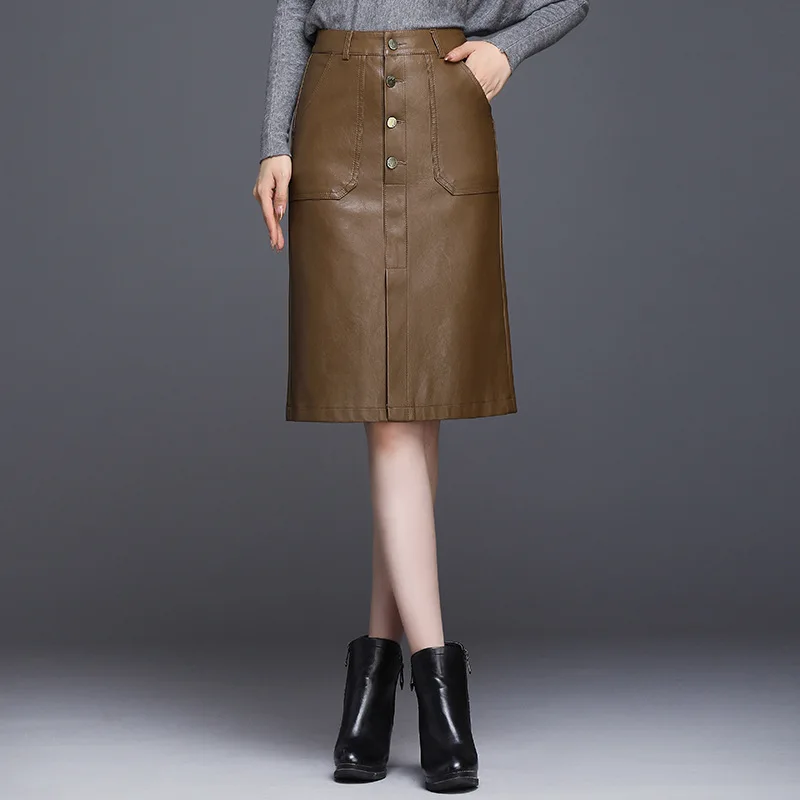 Autumn Woman PU Leather Skirt New Solid High Waist Button Front Split Slim Fit Bodycon Midi Skirt Elegant OL Skirt Saia - Цвет: Khaki