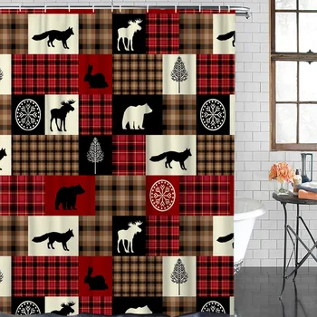 

Christmas Theme Christmas Animal Buffalo Red Checked Pattern Polyester Hook Shower Curtain for Bathroom Decoration