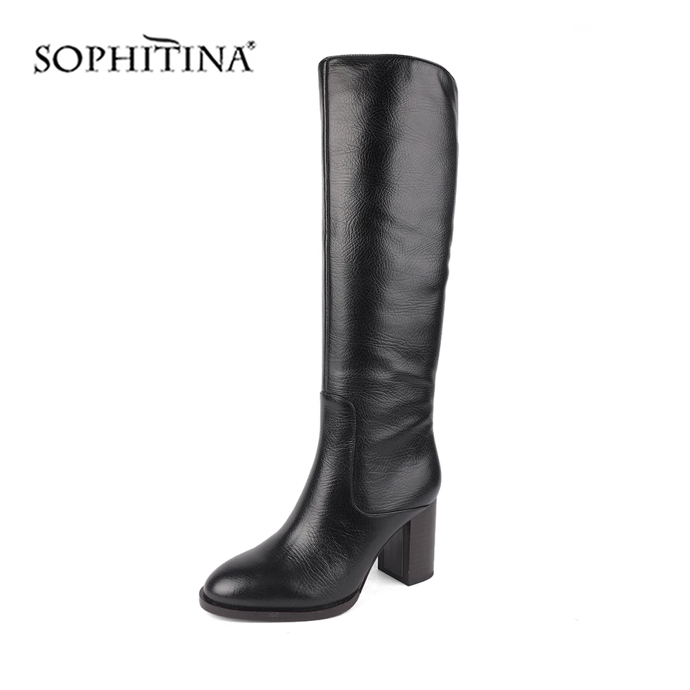 SOPHITINA/модные однотонные ботинки; удобные теплые ботинки из натуральной кожи с круглым носком на квадратном каблуке; женские сапоги до колена; SC217