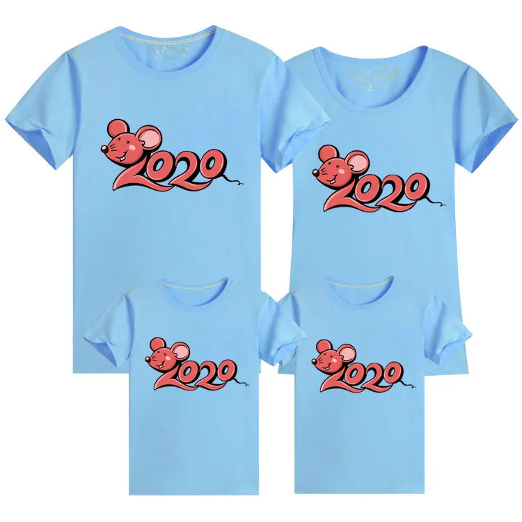 LOOZYKIT New Year Family Matching Clothes Summer Print T-shirt Mommy and Daughter Father and Son Clothes Family Look - Цвет: Blue