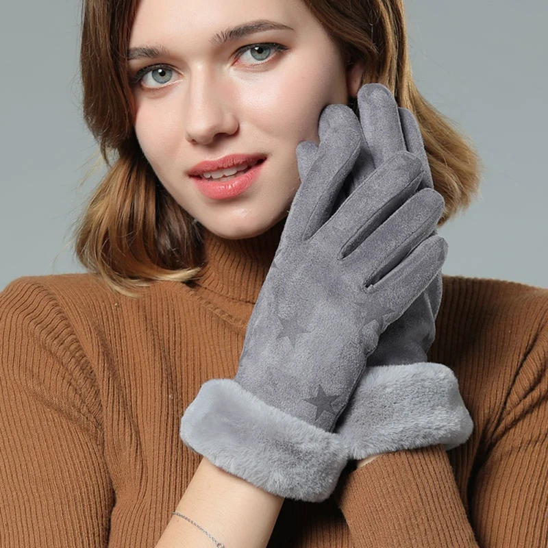 Новые женские замшевые теплые перчатки с сенсорным экраном двойные бархатные толстые зимние перчатки женские шерстяные флисовые варежки ветрозащитные перчатки