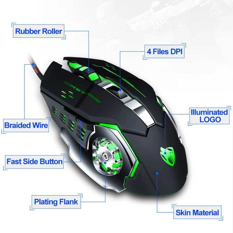 Игровая мышь Pro Gamer, 8D, 3200 dpi, регулируемая Проводная оптическая светодиодный мышь для компьютера, USB кабель, бесшумная мышь для геймера, мышь для ноутбука, ПК