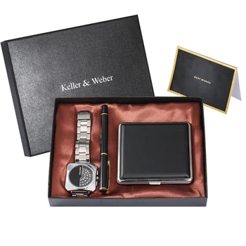 

2020 New Quartz Watch Gift Sets for Men Black Cigarette Case Top Luxury GD Pen Male Box Greeting Card Gift Set Relogio Masculino