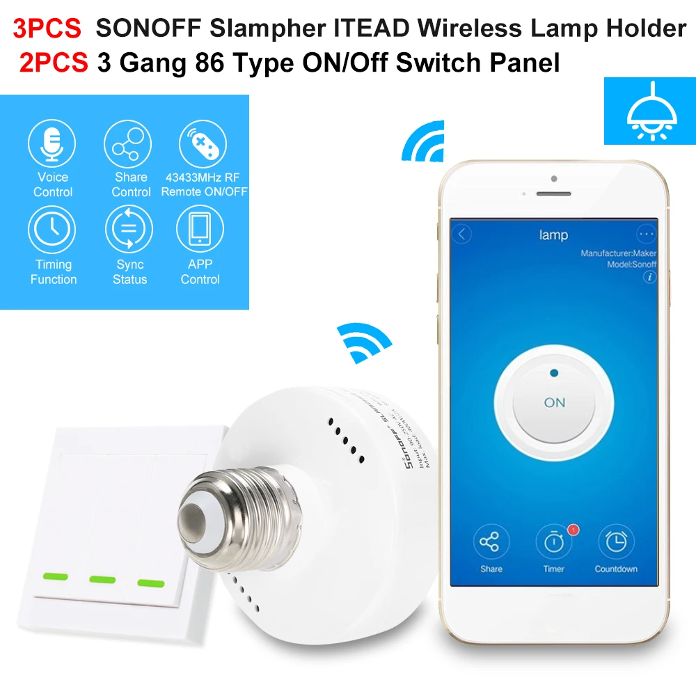 3 шт. SONOFF Slampher ITEAD WiFi умный светильник держатель лампы 433 МГц RF E27 Беспроводной