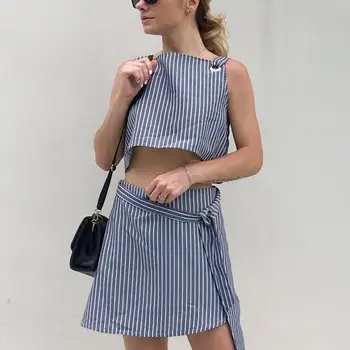 

Summer Women Casual Striped 2 Piece Set Backless Crop Top High Waist Skirt With Belt Beach Party Wear