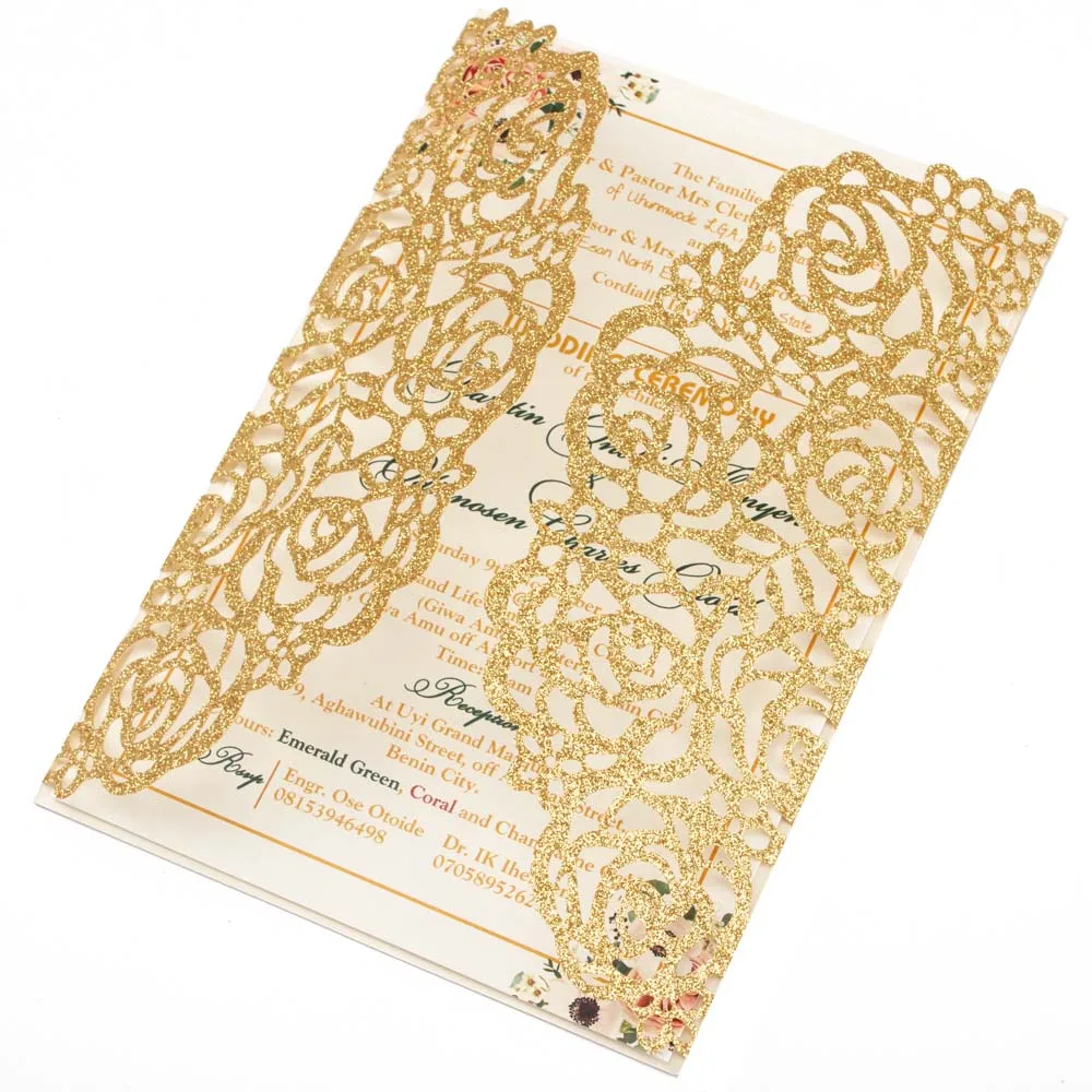  Free Shipping 1 sets Customize Gold/Silver/Blue Glitter Hollow Flower laser cut Invite wedding invi - 4.00039E+12