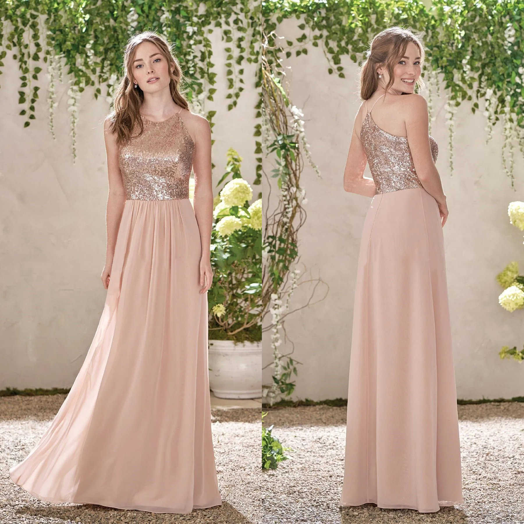 Vestidos de festa, сексуальное платье подружки невесты с блестками, розовое золото, праздничное свадебное платье для гостей, ТРАПЕЦИЕВИДНОЕ шифоновое длинное свадебное платье