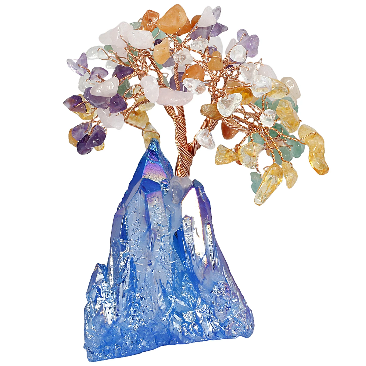 Healing Tumbled Stones Crystal Tree With Rough Titanium Coated Quartz Base Mini Lucky Money Tree Home Decoration For Wealth