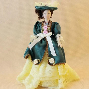 

1:12 Dollhouse Beautiful Miniature Porcelain Dolls Victorian Lady Green Dress Miss Lady