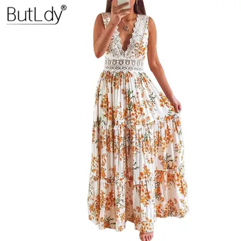 

Floral Lace Dress Women V-neck Off Shoulder Long Maxi Dress Summer 2020 Patchwork Backless Boho Beach Party Dresses Sundress