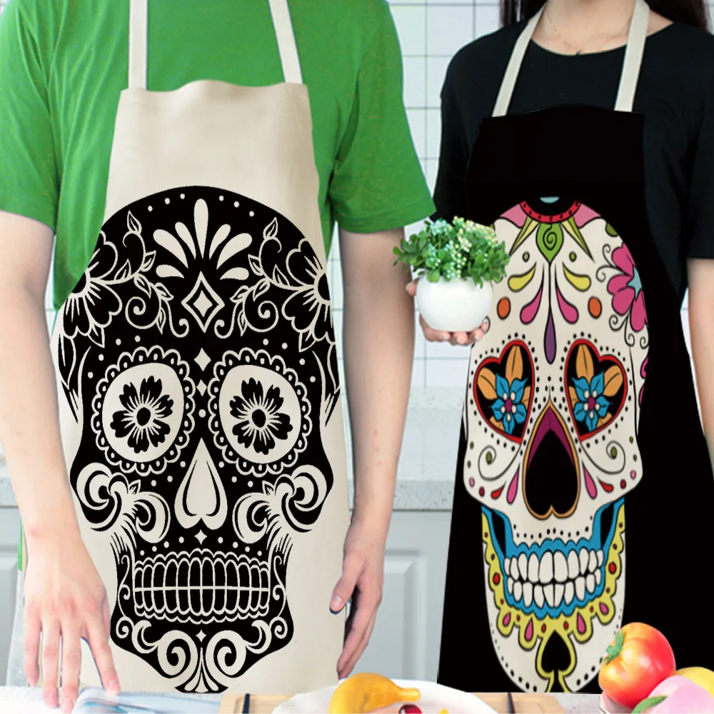 1Pcs Skull Pattern Kitchen Apron for Cooking Sleeveless Cotton Linen aprons for woman Adult Bibs Home Cleaning Accessories