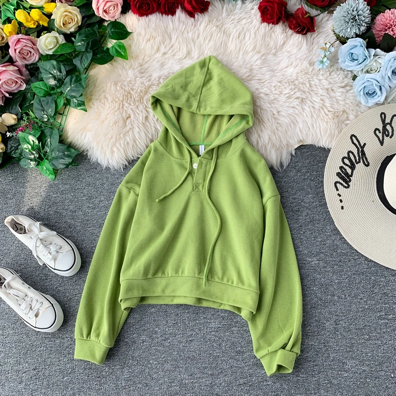 

Women's Autumn Hoodies Solid Knit Sweatshirts With Button Hooded Woman Loose Short Crop Hoodie Japan Style Girls Tops LS200