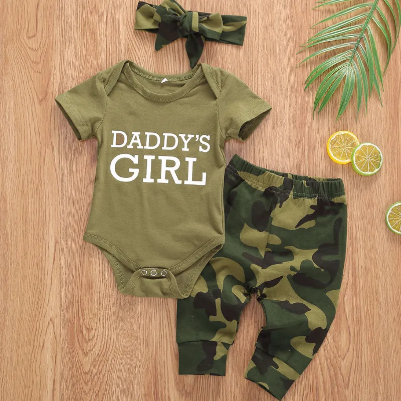 Baby Girls Boys Clothes Set Camouflage Short Sleeve Letter Printed Bodysuit Tops+Pants Toddler Baby Clothes Summer Autumn