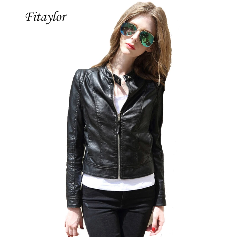 Fitaylor, новинка, весна-осень, женская мягкая куртка из искусственной кожи, с круглым вырезом, короткая Дизайнерская верхняя одежда в стиле панк, повседневная байкерская куртка