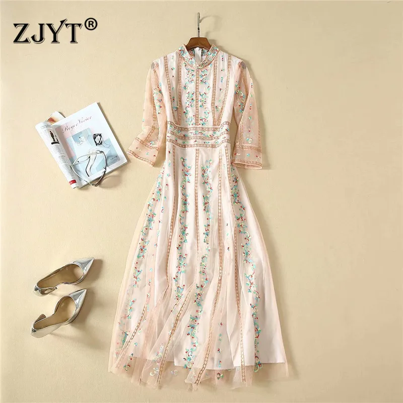 New Fashion Runway Dress Designers High Quality Women Elegant Floral Embroidery Long Tulle Party Dresses robe femme Vestido