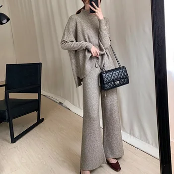 

Spring Fall Winter Women Sweater Set Turtleneck Long Sleeve Knitted Pullover Sweater & Long Pants 3 Piece Set Conjuntos De Mujer