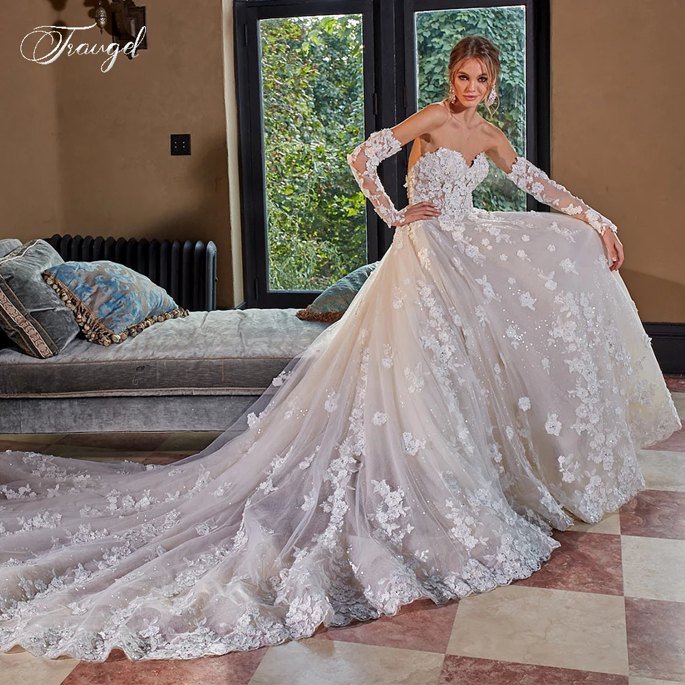 

Traugel милое ТРАПЕЦИЕВИДНОЕ кружевное свадебное платье без рукавов с аппликацией женское свадебное платье со шлейфом