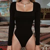 Bodysuit de manga larga para mujer Body streetwear dropshipping Forefair Sexy ceñido al cuerpo cuello cuadrado vaina entrepierna básica negro overol superior ► Foto 2/6