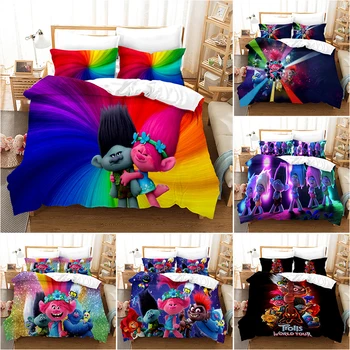 

3D Magic Elves Trolls World Tour Pattern Duvet Cover with Pillow Cover Bedding Set Cartoon Bed Set Bedroom Decor for Kids