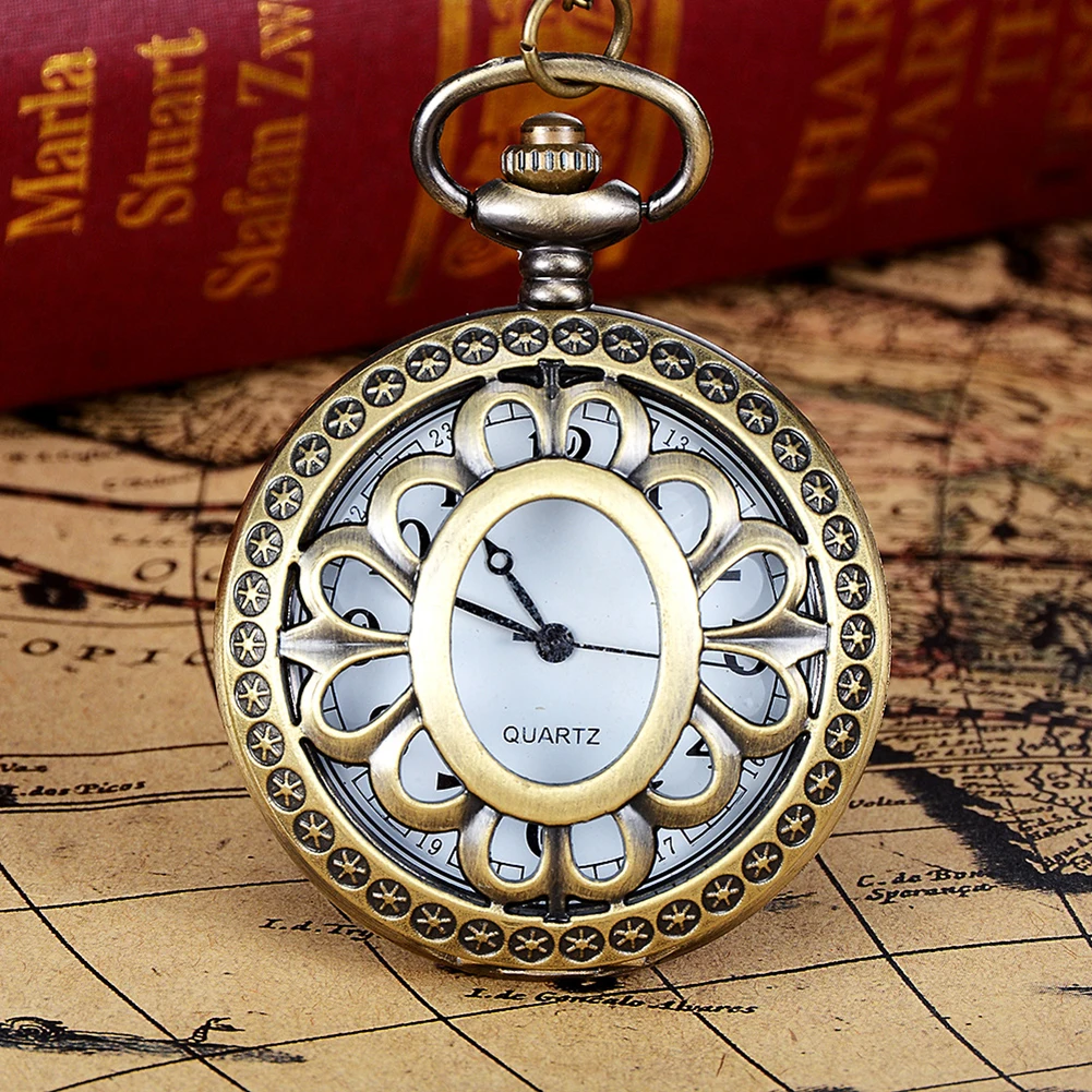 Vintage Unisex Hollow Design Bird Butterfly Pattern Flip Case Pockets Watch Arabic Number Quartz Chain Pockets Watch With Chain