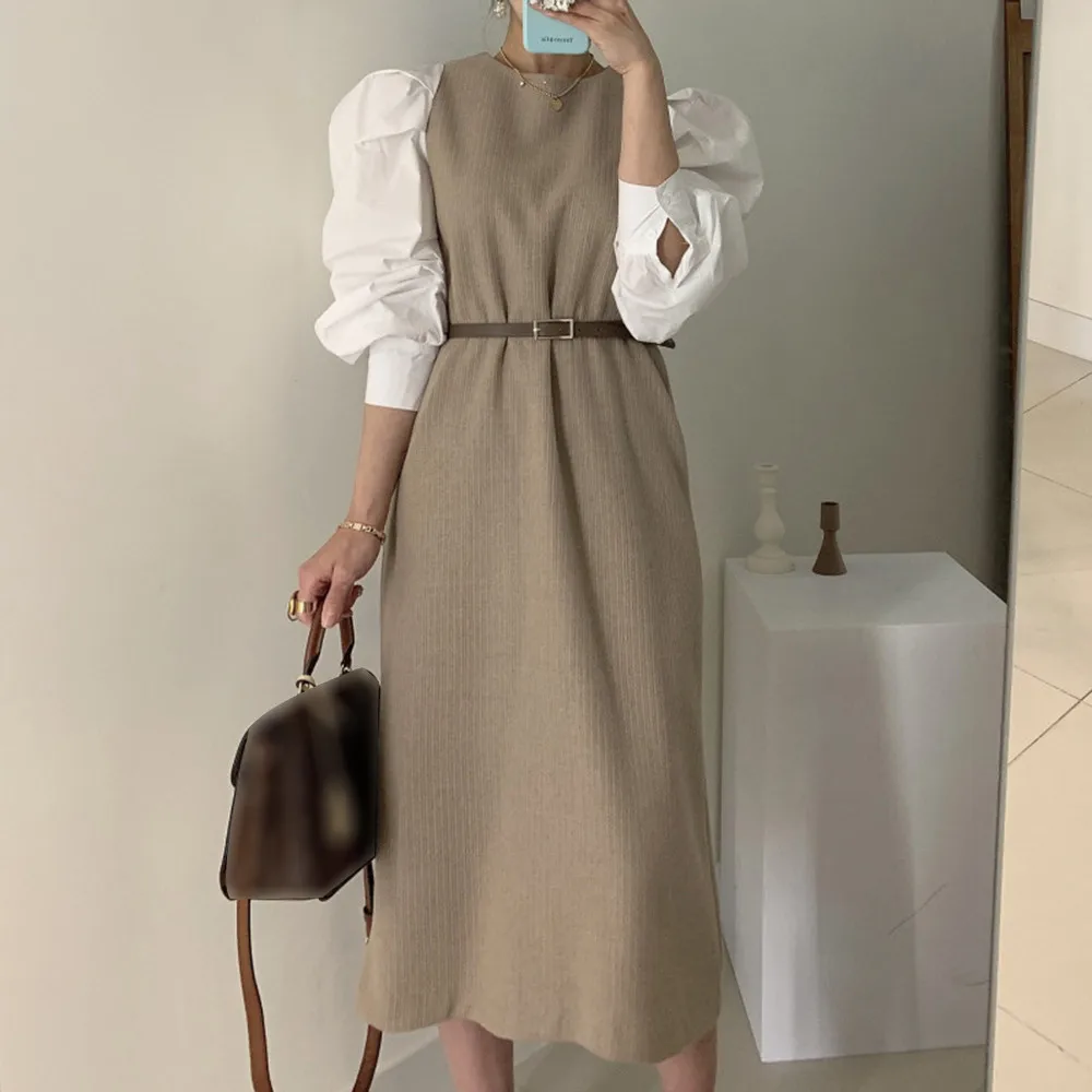 

Women Dress Japanese Puff Sleeve Round Neck Temperament Splicing Belt All-match Autumn Winter Fake Two 2020 New Sweater
