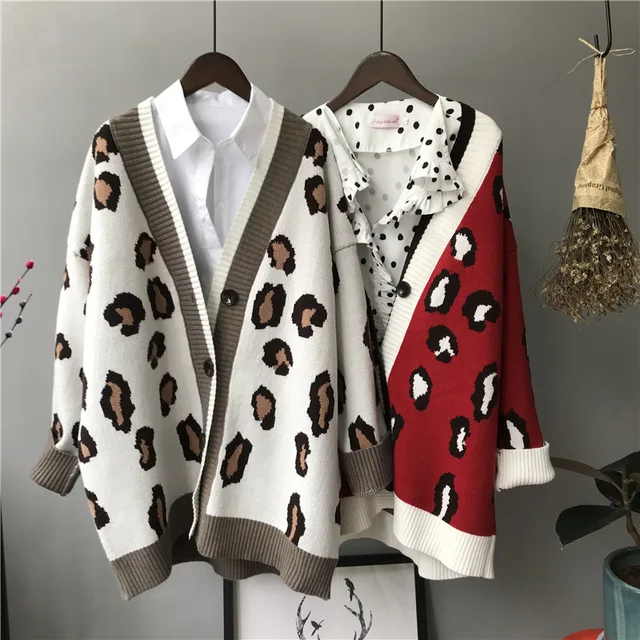 US $26.00 2019 Autumn Winter Knitted Leopard Sweaters Women Korean Thick Panelled Leopard Cardigan Coat Loose