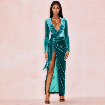 

2020 Velvet Deep V-neck Split Irregular High Waist Long Sleeve Bandage Zipper Sexy Slim New Ladies Dresses Party Club Long Dress