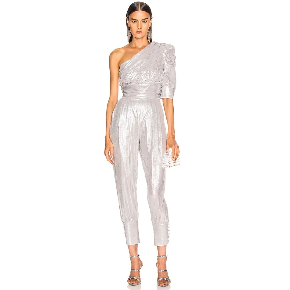 

Seamyla Women Silver One Shoulder Half Sleeve Jumpsuits Summer Clubwear Sexy Bodycon Fashion Playsuit Jumpsuits New 2019 Rompers