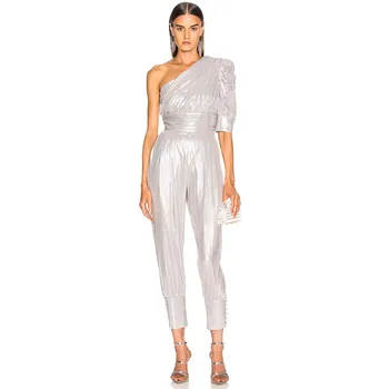 

Seamyla Women Silver One Shoulder Half Sleeve Jumpsuits Summer Clubwear Sexy Bodycon Fashion Playsuit Jumpsuits New 2020 Rompers