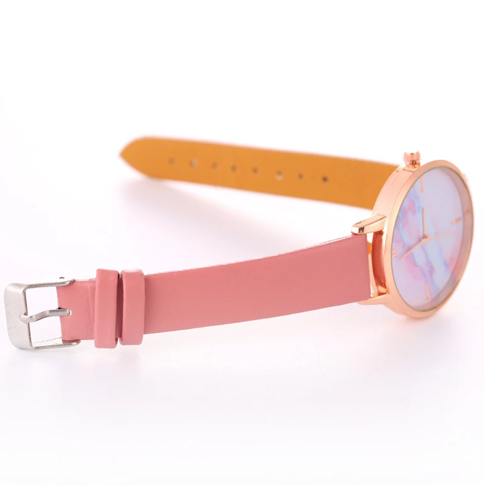 Брендовые Роскошные модные женские часы с кожаным розовым мраморным циферблатом, женские часы, подарок для девушек, кварцевые часы, женские часы