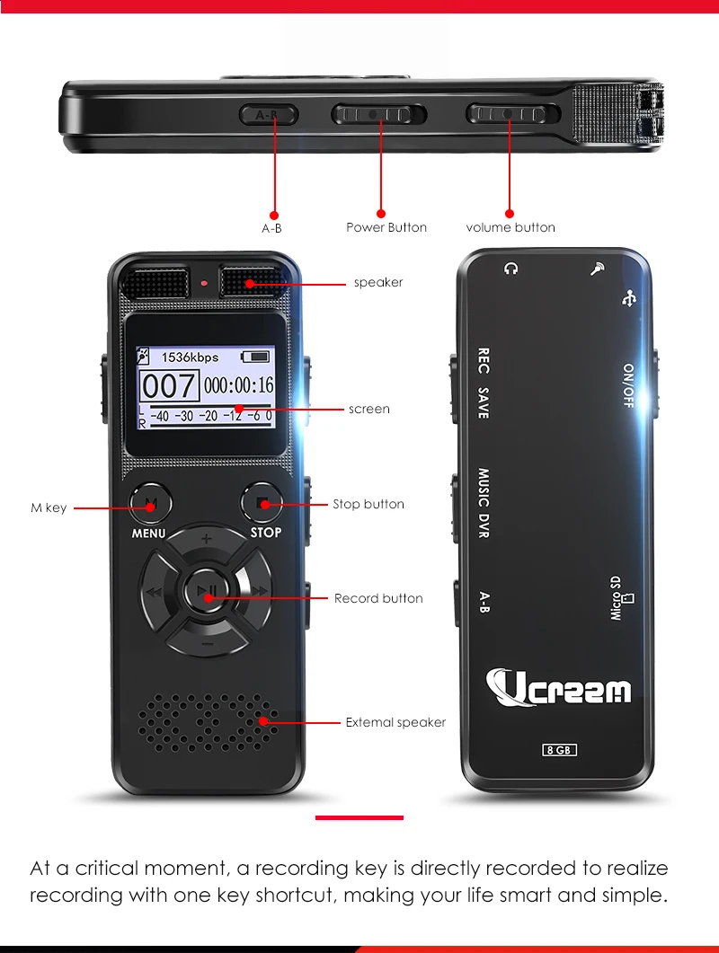Digital Voice Audio Activated Recorder Dictaphone Registrar MP3 HIFI Stereo 1536KPS WAV Recording Device Gray For Business Gray