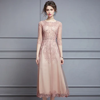 

Women plus size party dress new 2020 spring summer luxury designer floral embroidery beading lace dresses pink red