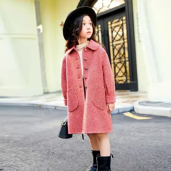 

ins hot girls Woolen coat 4-13 years old Korean fashion outer jacket girls spring and autumn long woolen coat large pocket