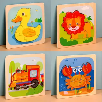 

4 pieces 3D Jigsaw Puzzle Cartoon animals wooden toys for children Car Animals fish set puzzles Montessori educational baby gift