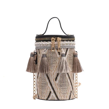 

Small Straw Woven Bucket Bags Bohemian National Style Tassel Chain Shoulder Messenger Bag Barrel Clutch Cellphone Pures For Girl