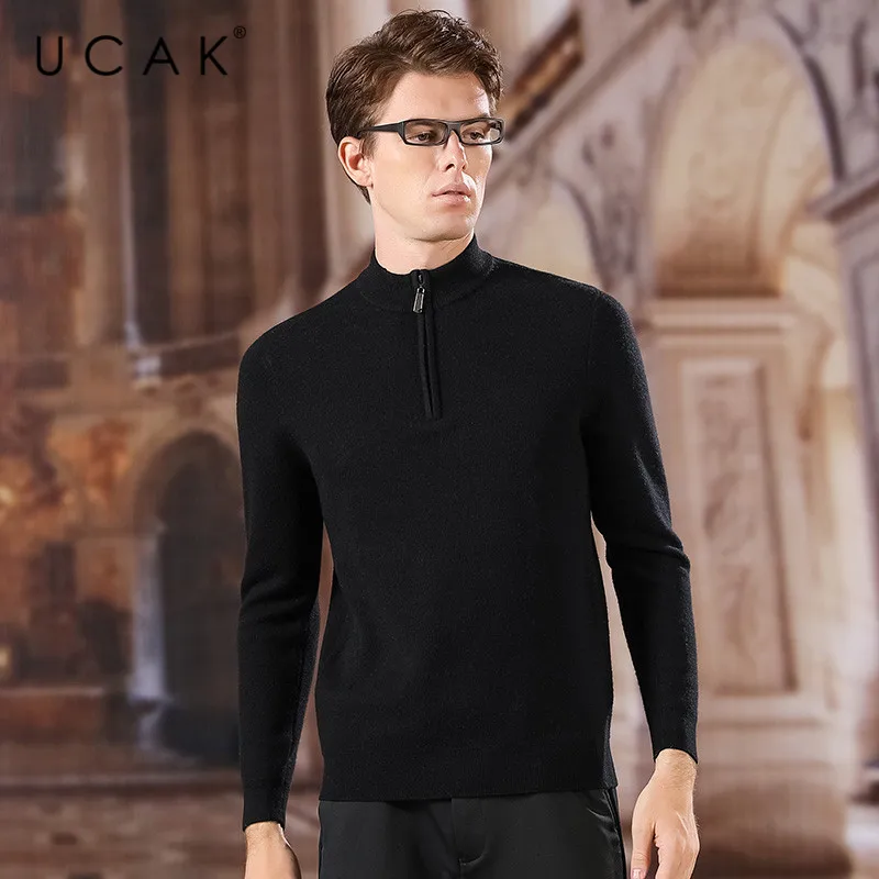 

UCAK Brand Pure Merino Wool Sweater Men 2020 Fashion Trend Zipper O-Neck Casual New Arrival Pull Homme Sweaters Pullovers U3169