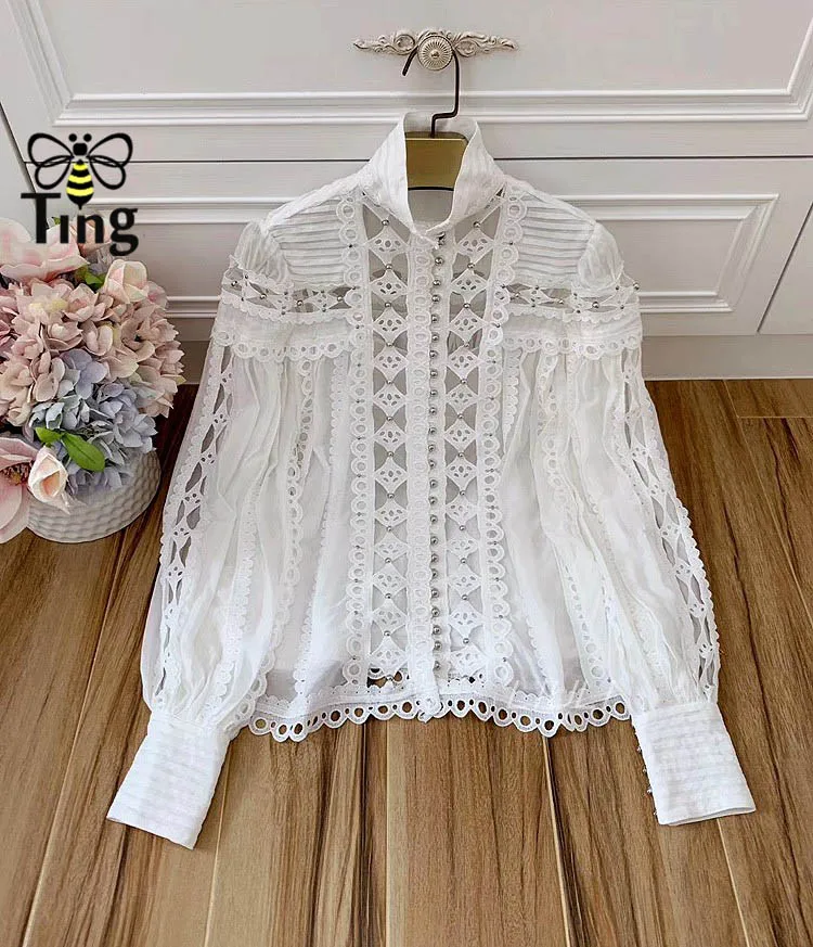 Tingfly Designer Runway Stand Open Collar Rivet Blouse Women Casual Full Lantern Sleeve Hollow Cut Out Shirt TopS Female Shirt - Color: White