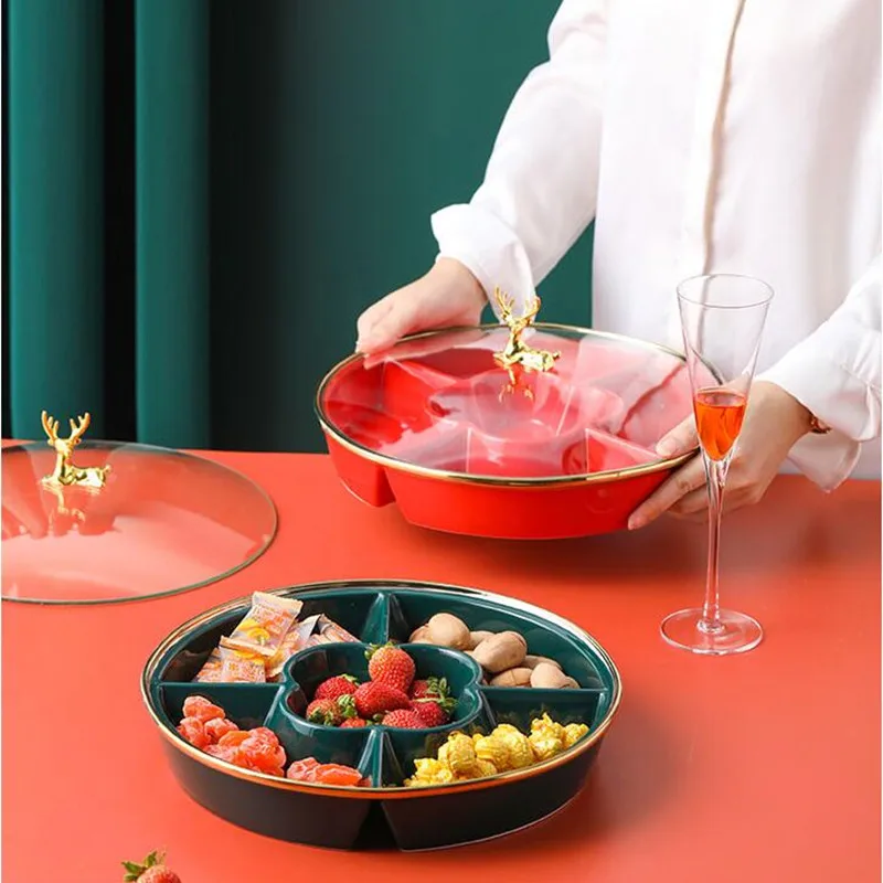 

Ceramic Divided Snack Tray with Glass Cover Nordic Simple Dried Fruit Tray Fashion Home Living Room Coffee Table Candy Tray