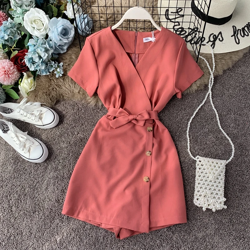 FTLZZ V-neck Beach Playsuits Women Vintage With Belt High Waist Wide-legged Shorts Pants Slim Holiday Jumpsuits