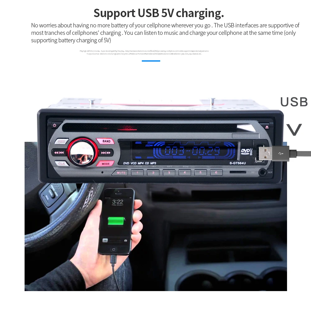 Универсальный автомобильный DVD/VCD/CD mp3-плеер Supprt USB U диск/SD карта/AUX вход музыкальный плеер стерео fm-радио USB 5 В зарядка автозапчасти