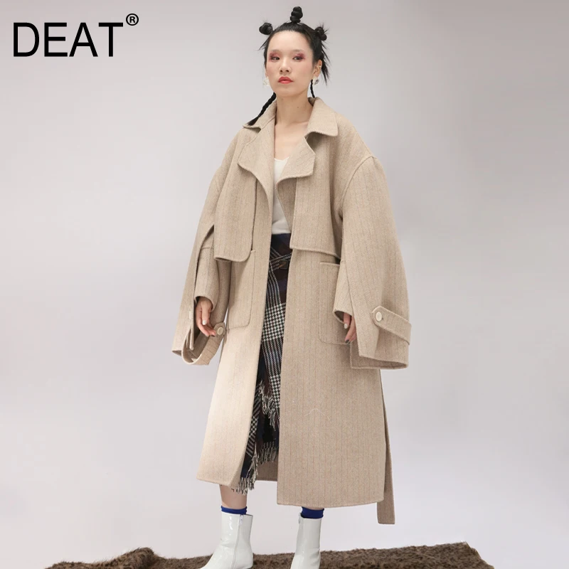 

DEAT Leisure Temperament Turn Down Collar Open Stitch Full Sleeve Women Solid Loose Long Wool Coat 2020 Autumn Winter New TD632