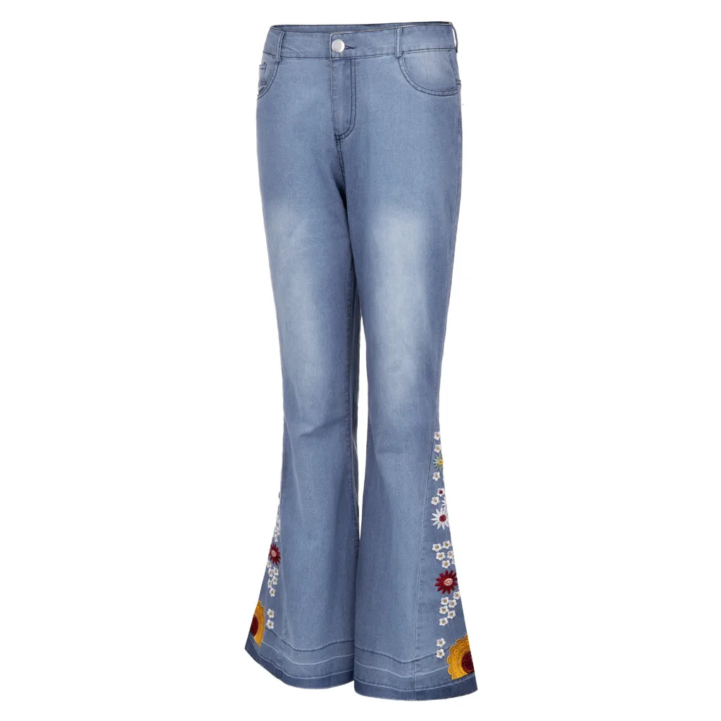 Women's Jeans Embroidery Slim Stretchy Denim Waist Jeans Oversized Long Flare Pants Light Blue Trousers For Women#J30
